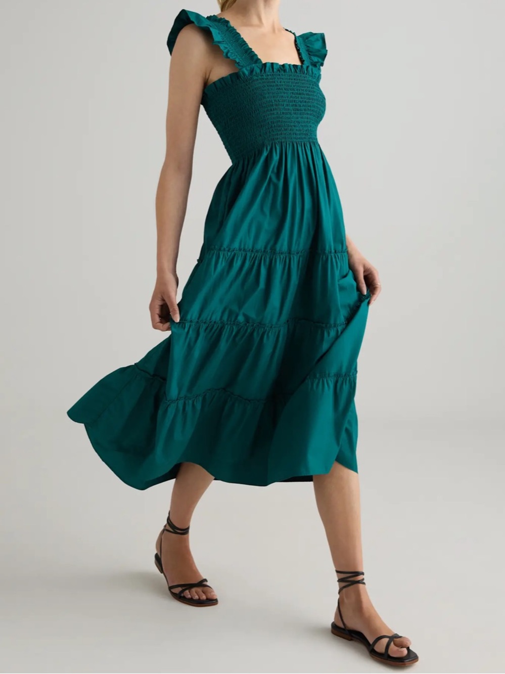NEW Quince Organic Cotton Poplin Smocked Midi Dress Square Neckline Green Medium